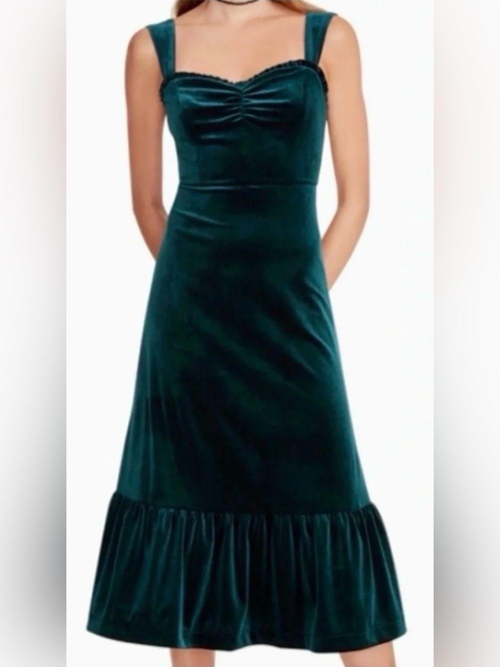 Betsey Johnson Size S Green Velvet Midi Dress with Ruffled Sweetheart Neckline